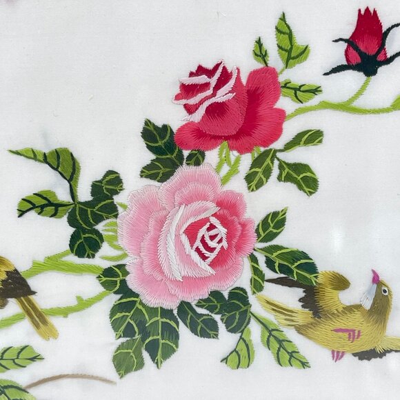 vintage framed chinese hand embroidered art with birds & roses on white silk - Picture 2 of 6